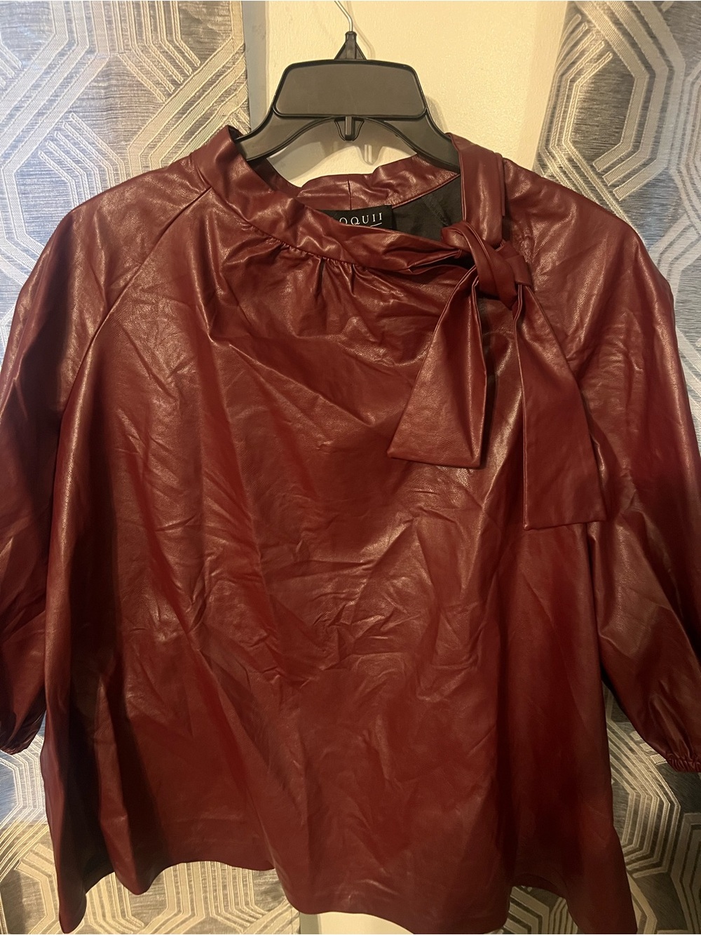 Eloquii Wine Faux-Leather Tie-Neck Blouse